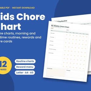 May include: A printable PDF kids chore chart set featuring 12 pages including routine charts, reward menus, and chore cards. The document displays a weekly chore chart with columns for days of the week and rows for tasks, with star icons for tracking.