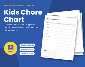 Tabella delle faccende domestiche per bambini stampabile, 12 pagine, download immediato, tabella delle faccende settimanali, tabella della routine mattutina e serale, tabella degli adesivi premio