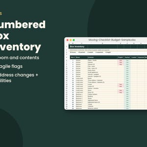 Pu&ograve; includere: Un foglio di calcolo digitale intitolato Moving-Checklist-Budget-Sample.xlsx visualizzato su uno schermo, che mostra un inventario di scatole numerate con colonne per stanza, contenuto, fragilit&agrave; e stato di imballaggio su sfondo verde.