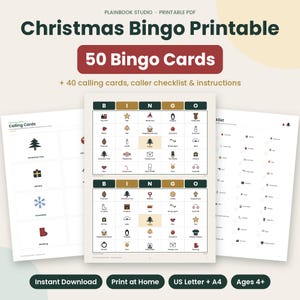 May include: A Christmas Bingo printable set featuring 50 bingo cards, 40 calling cards, a caller checklist, and instructions. The text reads Plainbook Studio, Christmas Bingo Printable, 50 Bingo Cards, and Calling Cards.