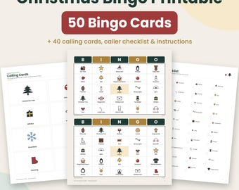 Bingo di Natale stampabile, 50 cartelle del bingo illustrate, 33 pagine, download immediato, gioco per feste di Natale per bambini, attività natalizia per la classe in formato PDF