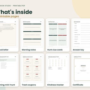 May include: A set of 18 printable pages titled What's inside from Plainbook Studio. The pages include an arrival letter, morning notes, hunt clue cards, an answer key, a Christmas morning mini-hunt, experience treat coupons, a kindness tracker, and a certificate.