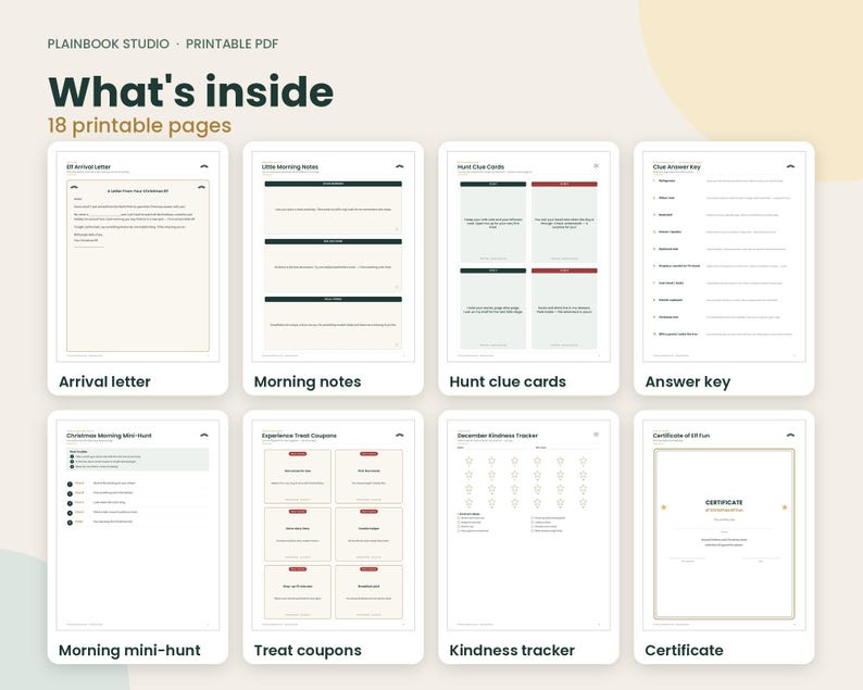 May include: A set of 18 printable pages titled What's inside from Plainbook Studio. The pages include an arrival letter, morning notes, hunt clue cards, an answer key, a Christmas morning mini-hunt, experience treat coupons, a kindness tracker, and a certificate.