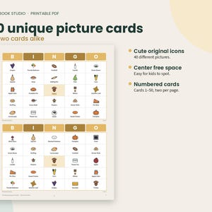 May include: A printable PDF set of 50 unique Bingo picture cards by Plainbook Studio. Each card features a grid with icons like grapes, squash, and pumpkins, a center free space, and labels. The cards are numbered 1-50 with two per page.
