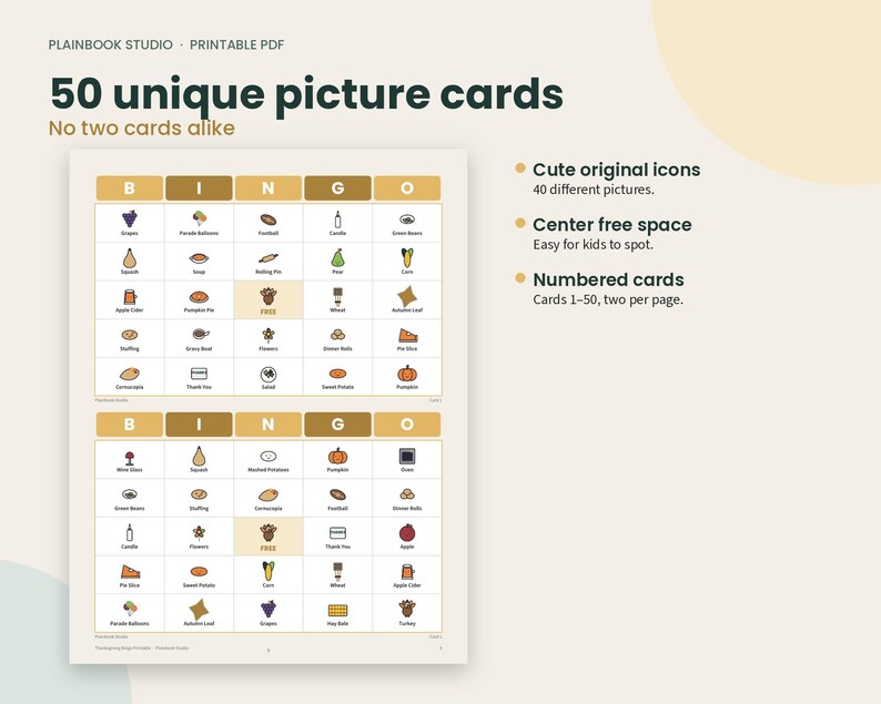 May include: A printable PDF set of 50 unique Bingo picture cards by Plainbook Studio. Each card features a grid with icons like grapes, squash, and pumpkins, a center free space, and labels. The cards are numbered 1-50 with two per page.