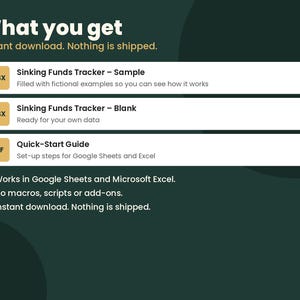 K&ouml;nnte beinhalten: Eine digitale Produktauflistung mit dem Titel What you get, die eine Sinking Funds Tracker-Beispieldatei und eine leere Datei im XLSX-Format sowie eine PDF-Schnellstartanleitung enth&auml;lt, kompatibel mit Google Sheets und Microsoft Excel.