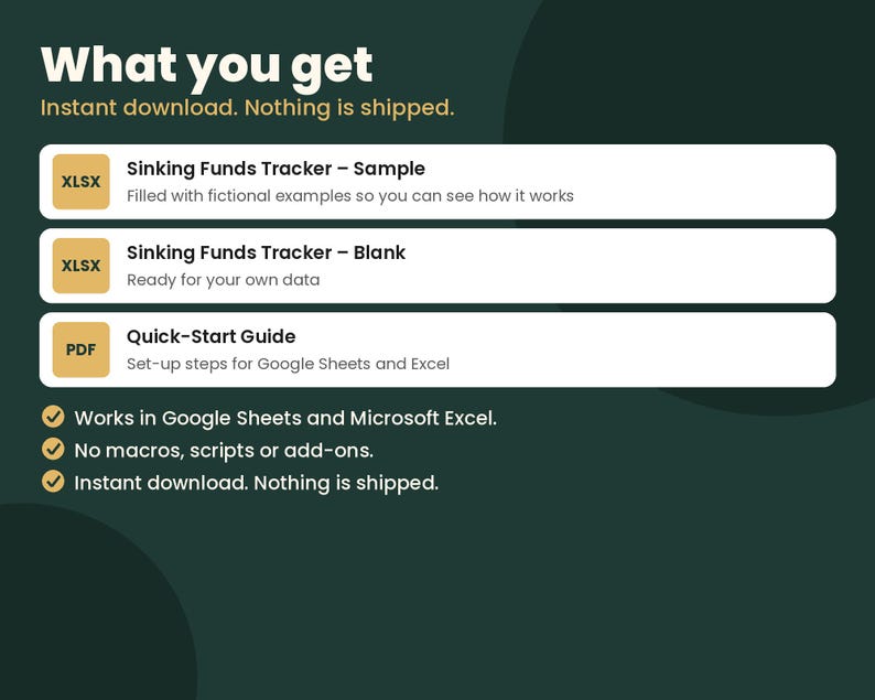 K&ouml;nnte beinhalten: Eine digitale Produktauflistung mit dem Titel What you get, die eine Sinking Funds Tracker-Beispieldatei und eine leere Datei im XLSX-Format sowie eine PDF-Schnellstartanleitung enth&auml;lt, kompatibel mit Google Sheets und Microsoft Excel.