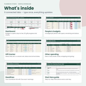 May include: A digital holiday gift and spending planner spreadsheet with six connected tabs including a dashboard, people and budgets, gift tracker, other spending, deadlines, and a start here guide, featuring tables, charts, and status trackers.