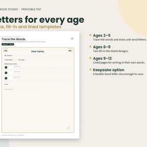 Op de afbeelding: Een printbaar PDF getiteld Letters for every age met overtrek-, invul- en gelinieerde sjablonen. Het document bevat een brief aan de Kerstman voor 3- tot 5-jarigen met lege ruimtes voor namen, gedrag en verlanglijstjes.