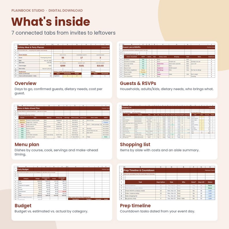 May include: A digital download planner featuring seven spreadsheet tabs for event organization. Sections include a holiday meal planner, guest list with RSVPs, menu plan, shopping list, party budget, and a prep timeline with countdown tasks.