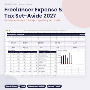 May include: A digital spreadsheet template titled Freelancer Expense & Tax Set-Aside 2027. The dashboard displays financial data including gross income, deductions, net profit, and tax set-aside amounts with charts and monthly tracking tables.
