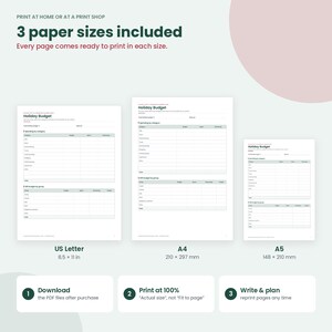 May include: A digital holiday budget planner template featuring three distinct paper sizes: US Letter at 8.5 x 11 inches, A4 at 210 x 297 mm, and A5 at 148 x 210 mm. The document includes sections for spending by category and gift budget by group.