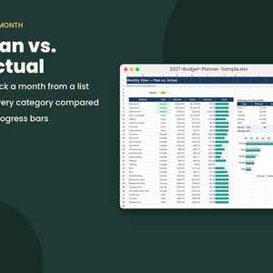 May include: A digital budget planner spreadsheet titled 2027-Budget-Planner-Sample.xlsx displayed on a screen. The interface features a monthly view comparing planned versus actual expenses with categories, numerical data, and teal progress bars.