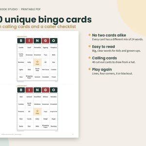 K&ouml;nnte beinhalten: Ein druckbares PDF-Set mit 30 einzigartigen Weihnachts-Bingokarten mit dunkelgr&uuml;nen und roten Kopfzeilen, einem zentralen freien Feld mit einem goldenen Stern sowie 40 Ziehkarten und einer Checkliste. Der Text enth&auml;lt Plainbook Studio und 30 unique bingo cards.