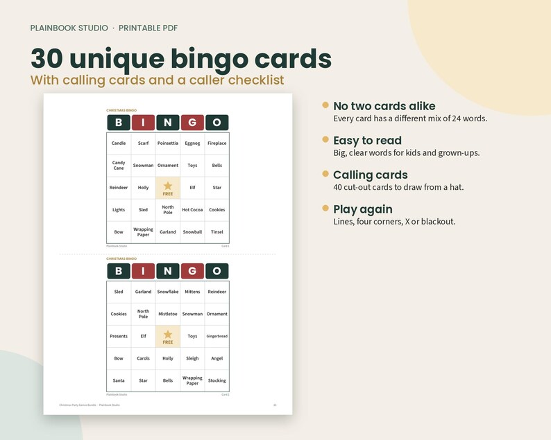K&ouml;nnte beinhalten: Ein druckbares PDF-Set mit 30 einzigartigen Weihnachts-Bingokarten mit dunkelgr&uuml;nen und roten Kopfzeilen, einem zentralen freien Feld mit einem goldenen Stern sowie 40 Ziehkarten und einer Checkliste. Der Text enth&auml;lt Plainbook Studio und 30 unique bingo cards.