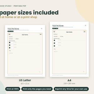 Op de afbeelding: Twee printbare PDF-pagina's getiteld Trace the Words en Dear Santa, met invulvelden voor namen, gedrag en cadeauwensen. E&eacute;n pagina is in US Letter-formaat van 8,5 x 11 inch, de andere in A4-formaat van 210 x 297 mm.
