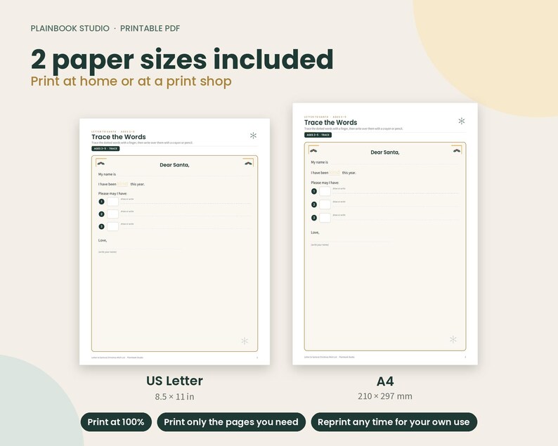 Op de afbeelding: Twee printbare PDF-pagina's getiteld Trace the Words en Dear Santa, met invulvelden voor namen, gedrag en cadeauwensen. E&eacute;n pagina is in US Letter-formaat van 8,5 x 11 inch, de andere in A4-formaat van 210 x 297 mm.
