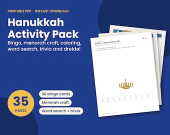 May include: A Hanukkah Activity Pack printable PDF featuring 35 pages including bingo cards, a menorah craft, coloring, word search, trivia, and dreidel games. The document displays a Build-a-Menorah craft page with a gold menorah illustration.