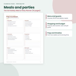 May include: A printable PDF meal and party planner with 10 pages. The document features a Prep Countdown checklist with sections for 2 weeks before, 1 week before, 2-3 days before, the day before, the day of, and after the party, plus summary boxes.