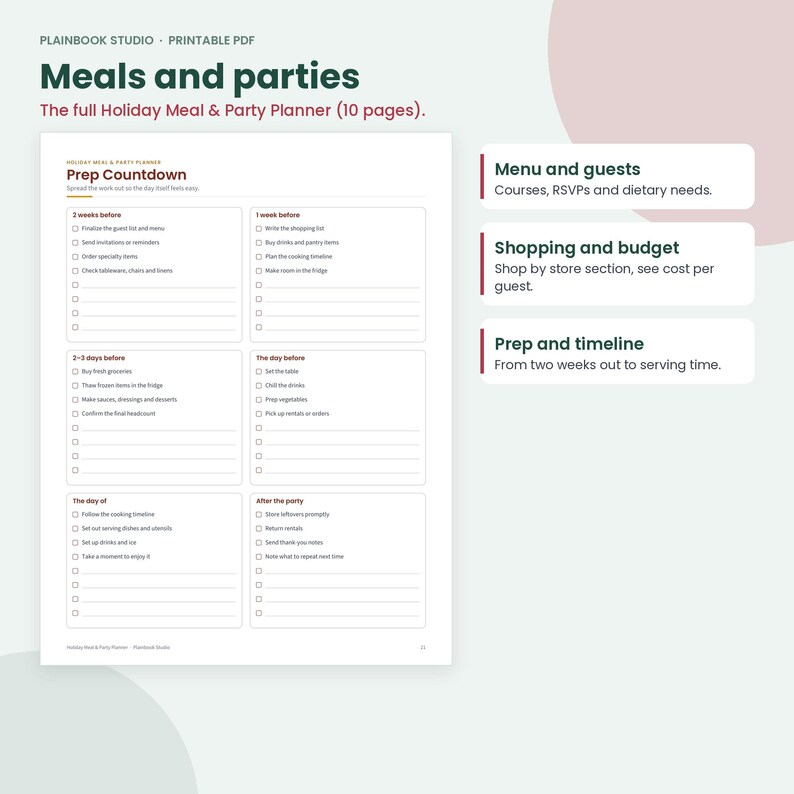 May include: A printable PDF meal and party planner with 10 pages. The document features a Prep Countdown checklist with sections for 2 weeks before, 1 week before, 2-3 days before, the day before, the day of, and after the party, plus summary boxes.