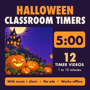 Halloween Classroom Timer Videos, 12 Countdown Timers with Music, Jack-o-Lantern Visual Timer for Teachers, No Ads, PowerPoint Google Slides