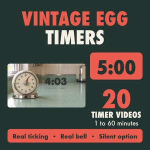 Egg Timer Videos, 20 Realistic Vintage Kitchen Timer Countdowns 1 to 60 Minutes, Real Ticking and Bell, Classroom Visual Timer, No Ads