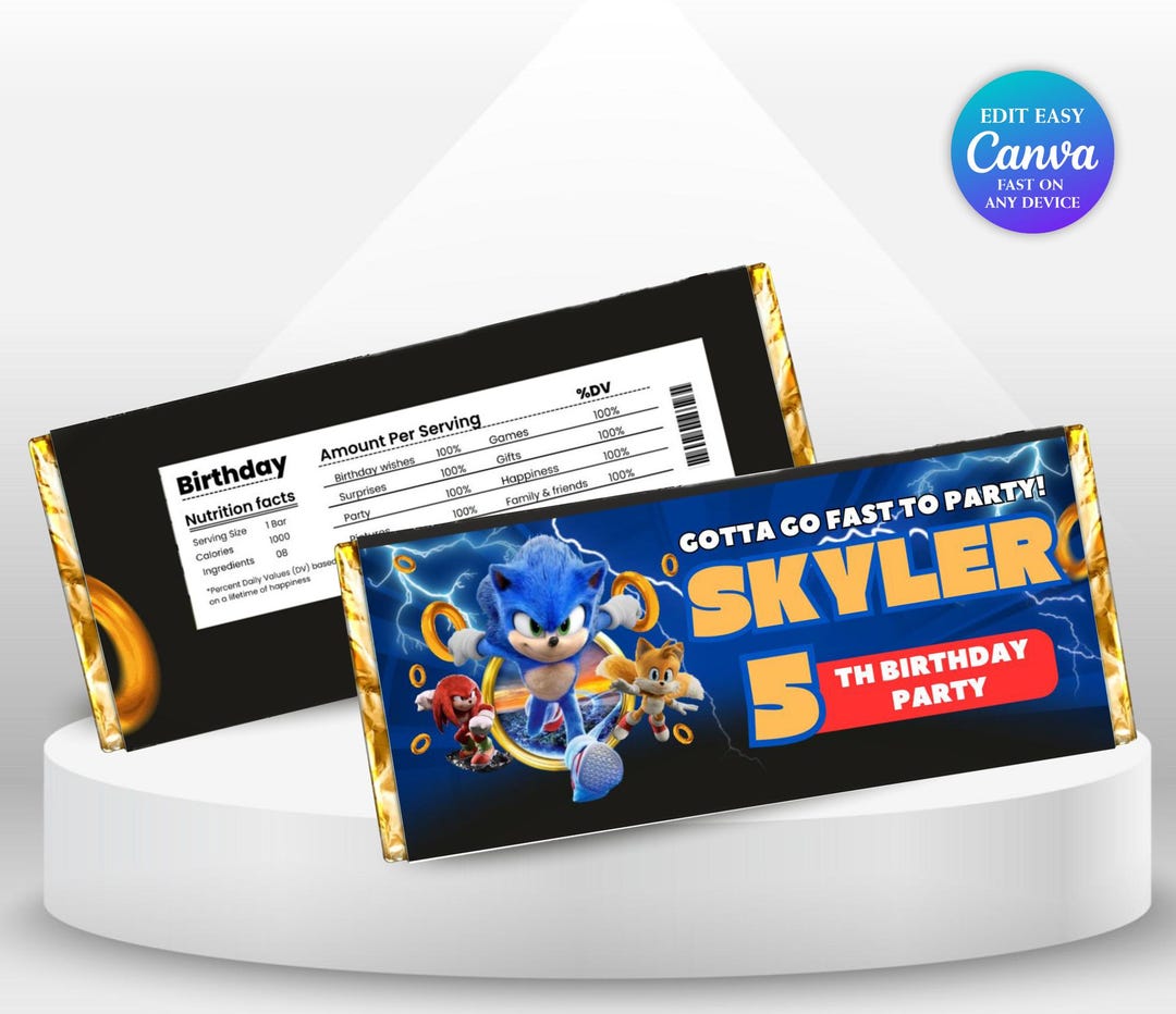 Sonic 3 Birthday Chocolate Bar Super Hedgehog Party Boy 5th Birthday ...
