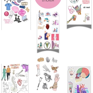 May include: A collection of six sticker sheets featuring physical therapy and medical themes, including illustrations of anatomical organs, skeletons, mobility aids like wheelchairs and crutches, exercise equipment, and various text-based slogans.