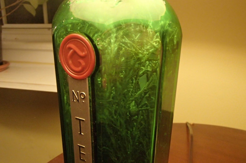 May include: A green glass bottle with a red wax seal and a metal label that reads "No. I E". The bottle contains green plant matter. The bottle is a decorative item.