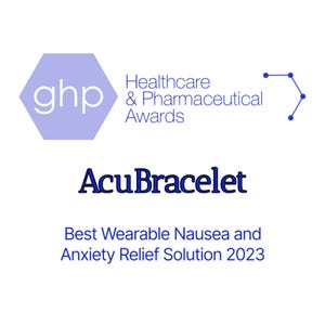 K&ouml;nnte beinhalten: Auf wei&szlig;em Hintergrund steht der Text "ghp Healthcare & Pharmaceutical Awards" und "AcuBracelet". Darunter steht "Best Wearable Nausea and Anxiety Relief Solution 2023". Ein hellvioletter Sechseck und eine blaue Grafik sind ebenfalls vorhanden.