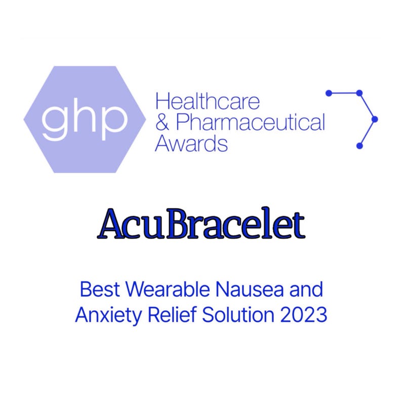 K&ouml;nnte beinhalten: Auf wei&szlig;em Hintergrund steht der Text "ghp Healthcare & Pharmaceutical Awards" und "AcuBracelet". Darunter steht "Best Wearable Nausea and Anxiety Relief Solution 2023". Ein hellvioletter Sechseck und eine blaue Grafik sind ebenfalls vorhanden.