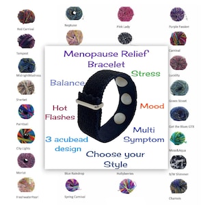 May include: A navy blue Menopause Relief Bracelet with three white acupressure beads. The image includes text such as "Balance", "Stress", "Mood", and "Multi Symptom". Various colourful yarn balls surround the bracelet.