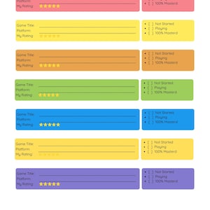 Può includere: Un foglio stampabile per il monitoraggio dei videogiochi con il titolo COzY gaMinG bAckLoG. Presenta sette righe orizzontali colorate per titoli di giochi, piattaforme e valutazioni, con caselle di controllo per lo stato: Not Started, Playing o 100% Masterd.