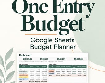 Op de afbeelding: Een digitale budgetplanner-sjabloon voor Google Sheets genaamd One Entry Budget. De interface toont een dashboard met financiële overzichten, activarekeningen en tabellen voor het bijhouden van creditcards. De tekst Enter once is onderaan zichtbaar.