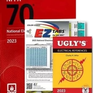 May include: A collection of three electrical reference books including the red NFPA 70 National Electrical Code 2023, a white package of EZ Tabs for the NEC, and the yellow Ugly's Electrical References 2023 edition with a circular formula chart.