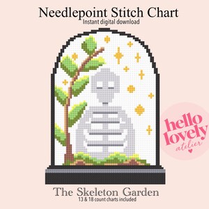 Puede incluir: Un patrón de punto de aguja titulado The Skeleton Garden que muestra un esqueleto pixelado dentro de una cúpula de cristal con una planta verde y estrellas amarillas. El diseño incluye el texto Needlepoint Stitch Chart, hello lovely atelier y 13 & 18 count charts included.