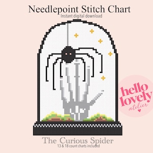 Puede incluir: Un gráfico de punto de aguja titulado The Curious Spider que muestra una araña negra pixelada colgando dentro de una campana de cristal con estrellas amarillas, elementos de suelo verdes y una silueta de mano gris. Incluye texto.