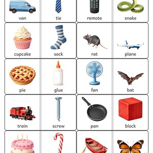 Rhyming Dominoes Game, Preschool and Kindergarten Phonics Printable, 28 Picture Rhyme Match Pieces, Ages 4-6, US Letter + A4 PDF: Preview 1: a domino sheet