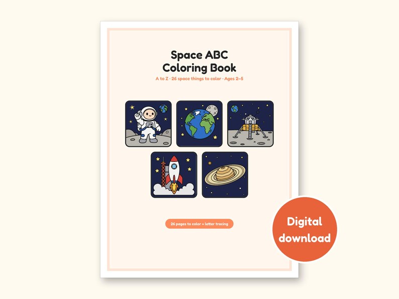 Space Coloring Pages | ABC Letter Tracing for Kids Ages 2-5 (Digital PDF): cover of the printable PDF, a digital download