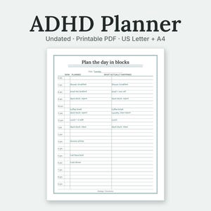 ADHD Planner: the Plan the day in blocks page filled in with sample entries, shown large on a plain background. Undated, Printable PDF, US Letter + A4.