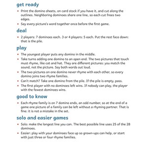 Rhyming Dominoes Game, Preschool and Kindergarten Phonics Printable, 28 Picture Rhyme Match Pieces, Ages 4-6, US Letter + A4 PDF: Preview 3: how to play