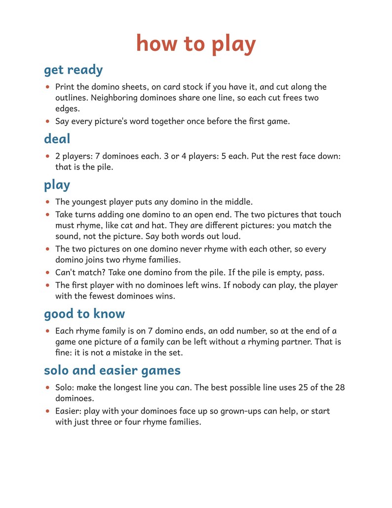 Rhyming Dominoes Game, Preschool and Kindergarten Phonics Printable, 28 Picture Rhyme Match Pieces, Ages 4-6, US Letter + A4 PDF: Preview 3: how to play