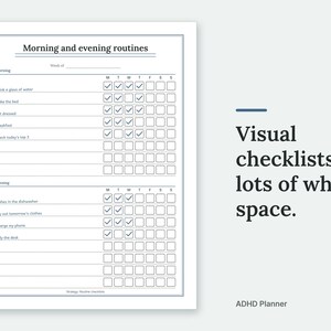 Visual checklists, lots of white space. The Morning and evening routines page of the ADHD Planner, filled in with sample entries.