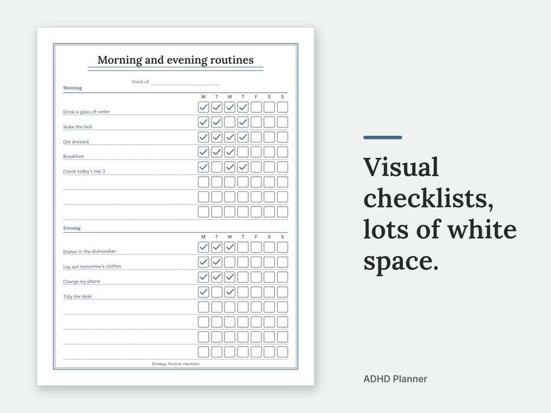 Visual checklists, lots of white space. The Morning and evening routines page of the ADHD Planner, filled in with sample entries.
