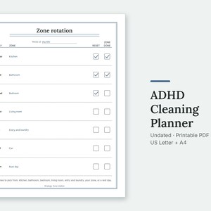 The Zone rotation page of the ADHD Cleaning Planner, filled in with sample entries.