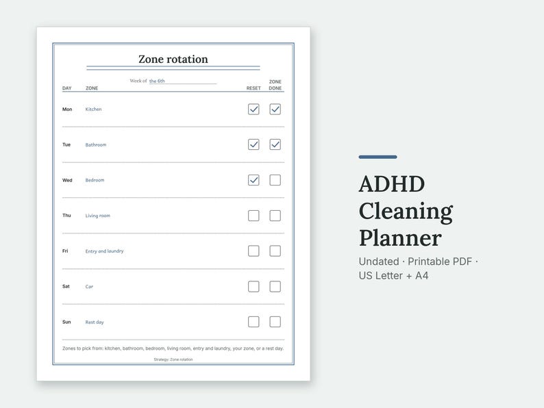 The Zone rotation page of the ADHD Cleaning Planner, filled in with sample entries.
