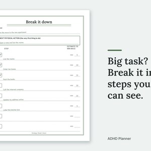 Big task? Break it into steps you can see. The Break it down page of the ADHD Planner, filled in with sample entries.