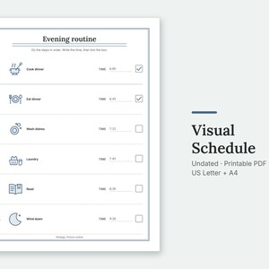 The Evening routine page of the Visual Schedule, filled in with sample entries.