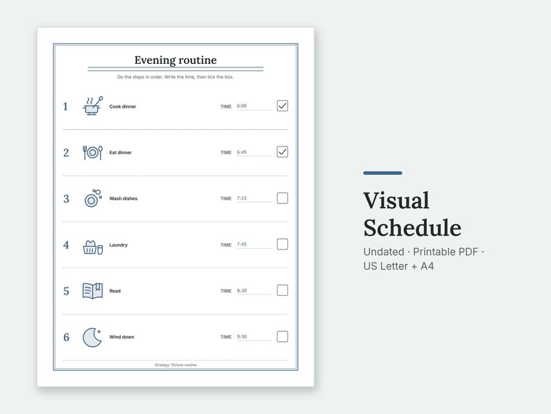 The Evening routine page of the Visual Schedule, filled in with sample entries.