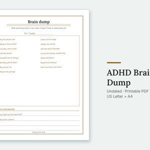 The Brain dump page of the ADHD Brain Dump, filled in with sample entries.